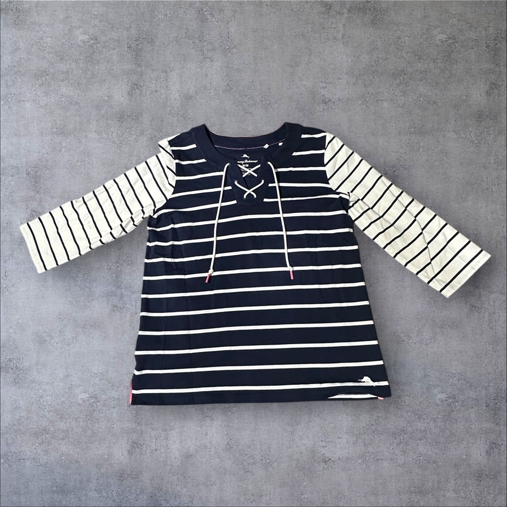 Tommy Bahama navy and white striped Pima cotton lace-up top Size Medium